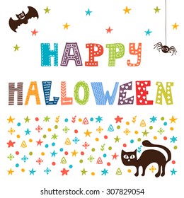 Happy Halloween card with cat, spider and bat. Vector illustration