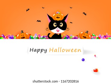 Happy Halloween card, cat and sweet candy with cute pumpkin, celebration holiday season, party festival cartoon invitation poster abstract background banner vector illustration