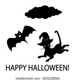 Happy halloween card. Cat in a witch hat, cloud, bat
