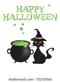  Happy Halloween card with cauldron and cat , vector