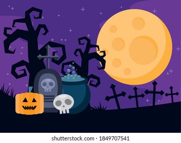 happy halloween card with cauldron and skull in cemetery vector illustration design