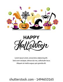 Happy Halloween card with celebratory subjects. Hand drawn lettering Halloween. Place for text. Flat style vector illustration. Great for party invitation, flyer, greeting card.