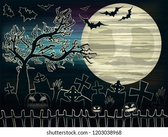 Happy Halloween card with cemetery  , vector illustration
