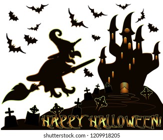 Happy Halloween card with cemetery and witch  , vector illustration