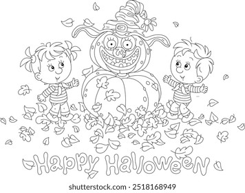 Happy Halloween card with cheerful little boy and girl jumping near a funny scarecrow with a pumpkin had, black and white outline vector cartoon illustration for a coloring book