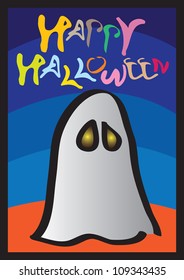 Happy Halloween Card with child-like illustration of a ghost.