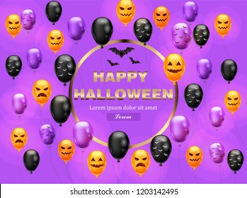 Happy Halloween card with colorful balloons Vector. Violet color backgrounds