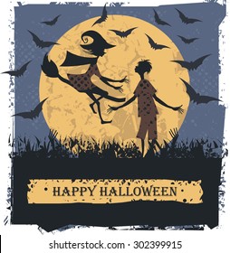 Happy Halloween card  with couple lovely silhouettes.  Vector image can be used for greeting card, poster.