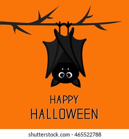 Happy Halloween card  Cute bat hanging tree  Big eyes  Closed wings  Cartoon character  Baby illustration collection  Flat design  Orange background  Vector illustration
