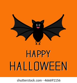 Happy Halloween card. Cute bat flying. Big wings. Cartoon character. Baby illustration collection. Flat design. Orange background.Vector illustration