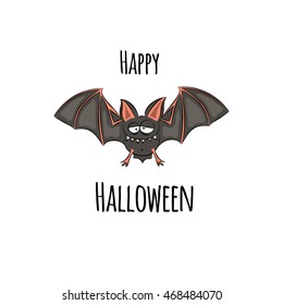 Happy Halloween card with cute bat. Vector illustration isolated on white background. EPS 10.