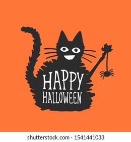 Happy Halloween Card With Cute Black Cat.