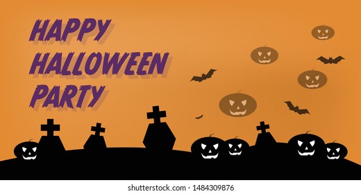 Happy Halloween card. Cute cartoon character. Flat design Orange background. Vector illustration.