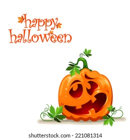 Happy Halloween card with cute cartoon pumpkin character