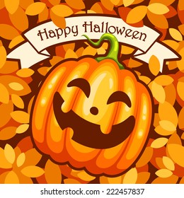 Happy Halloween card with cute cartoon pumpkin character on autumn leaves