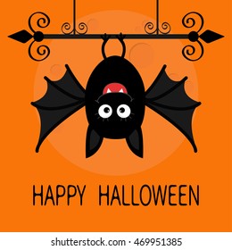 Happy Halloween card. Cute cartoon hanging bat. Animal character. Baby illustration collection. Wrought iron. Big moon. Flat design. Orange background. Vector illustration