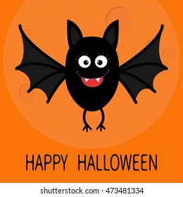 Happy Halloween card. Cute cartoon bat flying. Big moon. Animal character. Baby illustration collection. Flat design. Orange background. Vector illustration