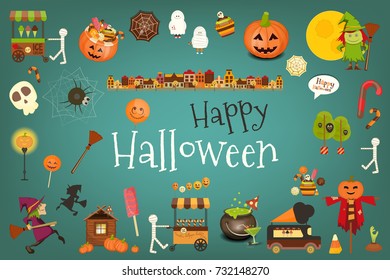 Happy Halloween Card with Cute Characters and Creatures. Sweet Halloween on Blue Background. Vector Illustration.