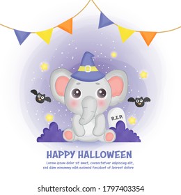 Happy halloween card with cute elephant.