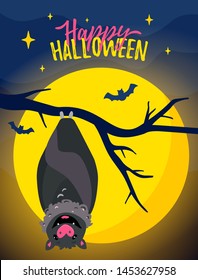 Happy Halloween card with cute flying bat in the moonlight. Scary nighttime scene for your design. Spooky poster, funny banner template, party invitation on a full moon, creepy dark woods background