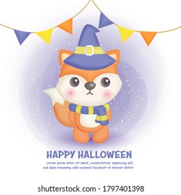 Happy halloween card with cute fox .
