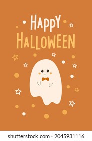 Happy Halloween card with cute ghost, outline stars and hand drawn text. Funny greeting poster, banner, vector illustration with mystical floating character