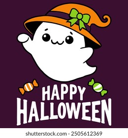 Happy Halloween card with cute ghost witch Hat with Candies isolated on Purple Background.