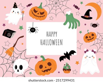 

Tarjeta de Halloween feliz con lindos fantasmas, calabazas y Elementos mágicos. Postal festiva para las vacaciones de otoño octubre, Truco o trato. Ilustración vectorial plana sobre fondo rosa.