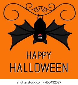 Happy Halloween card. Cute hanging bat. Cartoon character. Baby illustration collection. Flat design. Orange background. Vector illustration