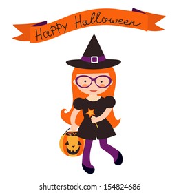 Happy halloween card with cute little witch
