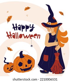 Happy Halloween card  Cute little witch girl and pumpkins  Vector illustration