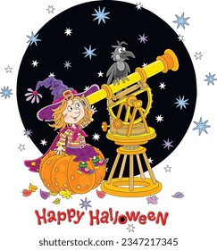 Happy Halloween card with a cute little witch astronomer sitting on a large pumpkin and watching a night starry sky through an old telescope, vector cartoon illustration