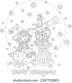 Happy Halloween card with a cute little witch astronomer sitting on a large pumpkin and watching a night starry sky through an old telescope, black and white vector cartoon illustration