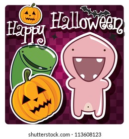 Happy Halloween card with cute monsters, pumpkin and a bat, vector