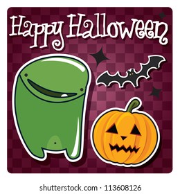 Happy Halloween card with cute monsters, pumpkin and a bat, vector