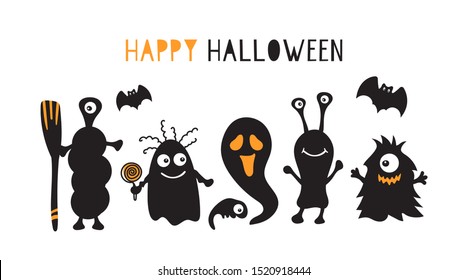 Happy Halloween card of cute monsters, ghost and bats. Childish cartoon illustration.