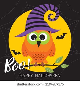 Happy halloween card with cute owl, full moon and bats