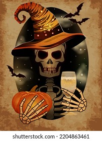 Happy Halloween card, cute skeleton with wine glass and pumpkin, vector illustration