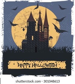 Happy Halloween card  with Dark Witch Castle for your designs.  Vector image.