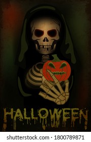Happy halloween card. Death is holding a pumpkin. vector illustration