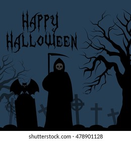 Happy Halloween card, death with scythe. Death with a scythe in the cemetery crosses graves. bat on his shoulder angel of death. Abstract vector illustration. Text banner.