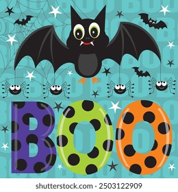 Happy Halloween card design with bat, spider and boo