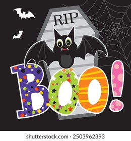 Happy Halloween card design with bat and boo text