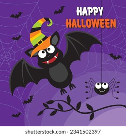 Happy halloween card design with bats and spider