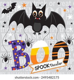 Feliz diseño de tarjeta de Halloween con murciélagos y texto de libro