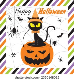 Happy halloween card design with black cat on the pumpkin