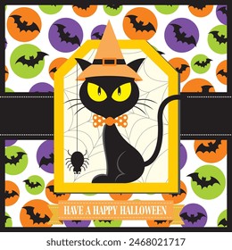 Happy Halloween card design with black cat and bats pattern