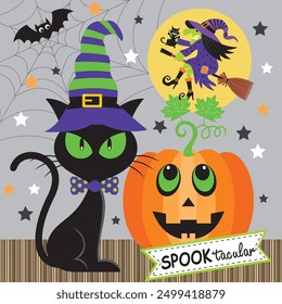 Happy Halloween card design with black cat, pumpkin and witch