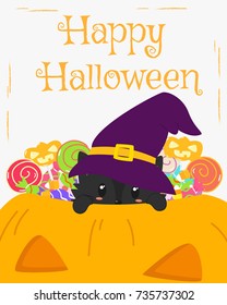 Happy Halloween card design, black cat wearing purple witch hat inside a Halloween pumpkin full of candies cartoon vector