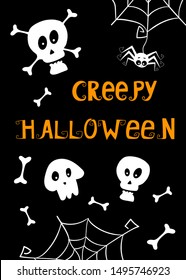 Happy Halloween card design with bones, skeletons, spiderweb and lettering. Vector illustration on black background